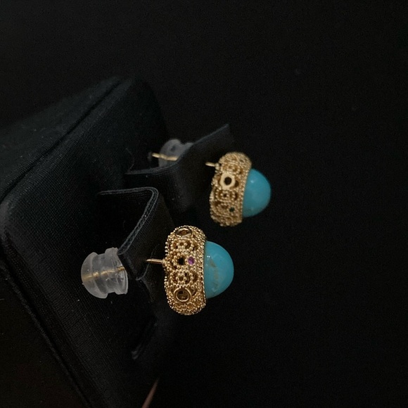 Vintage Gold and Turquoise Stud Earrings - Picture 2 of 6